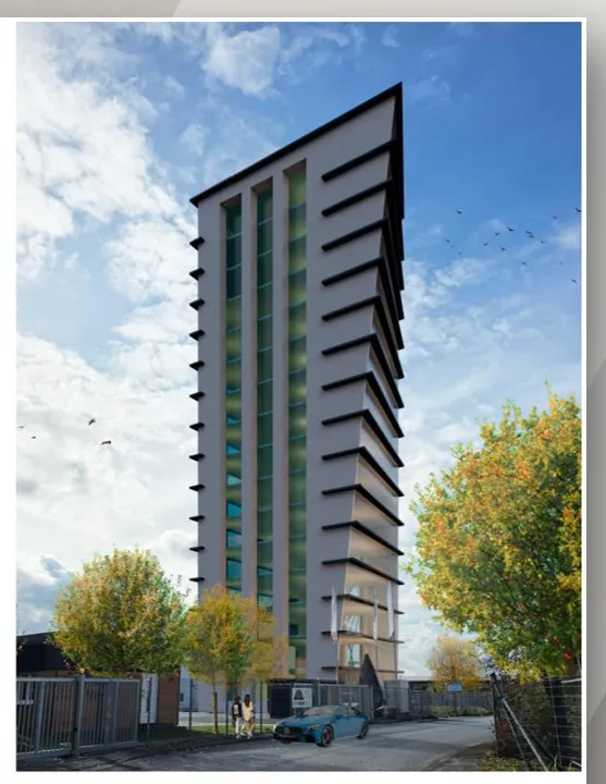 Lippe-Tower Ansicht von unten mit grüner Fassade und Eingangsbereich